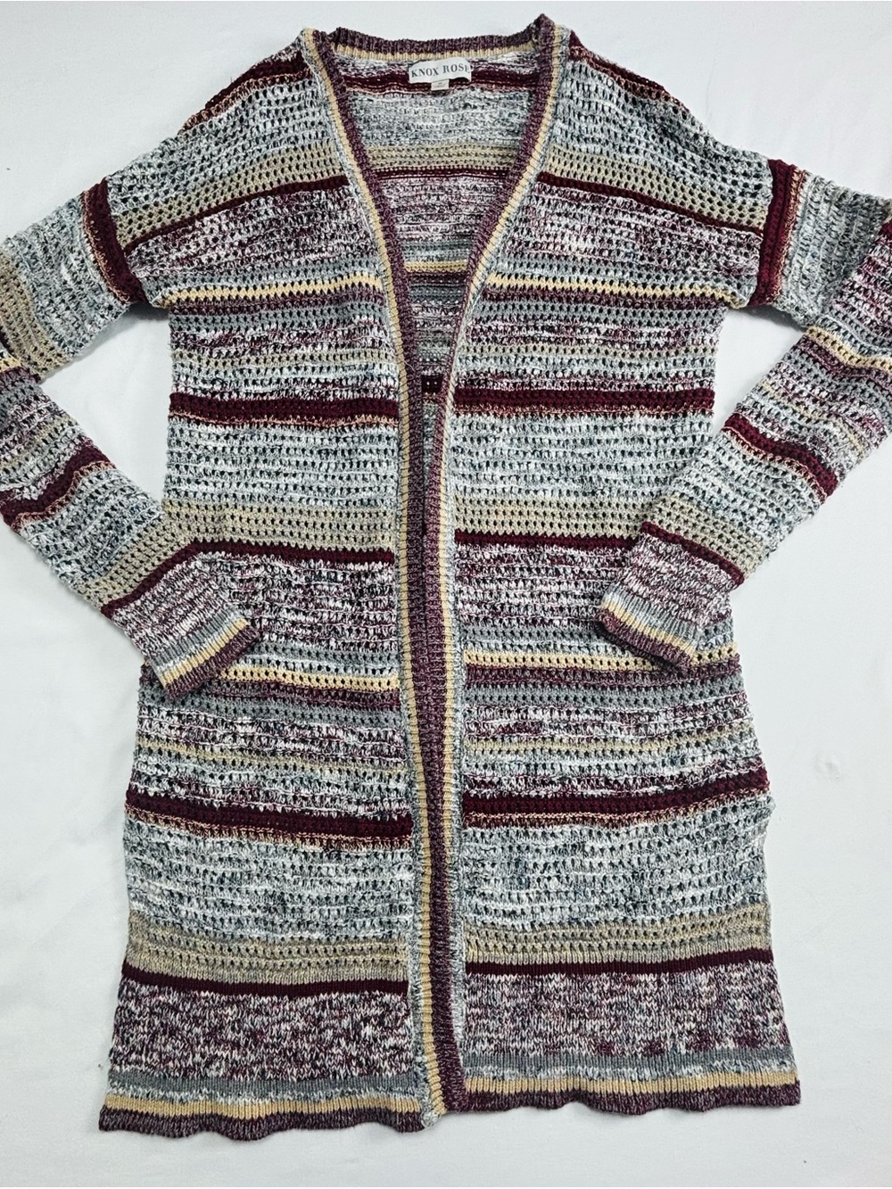 Knox Rose Open Front Striped Crochet Cardigan - Cream, Gray, Burgundy W682